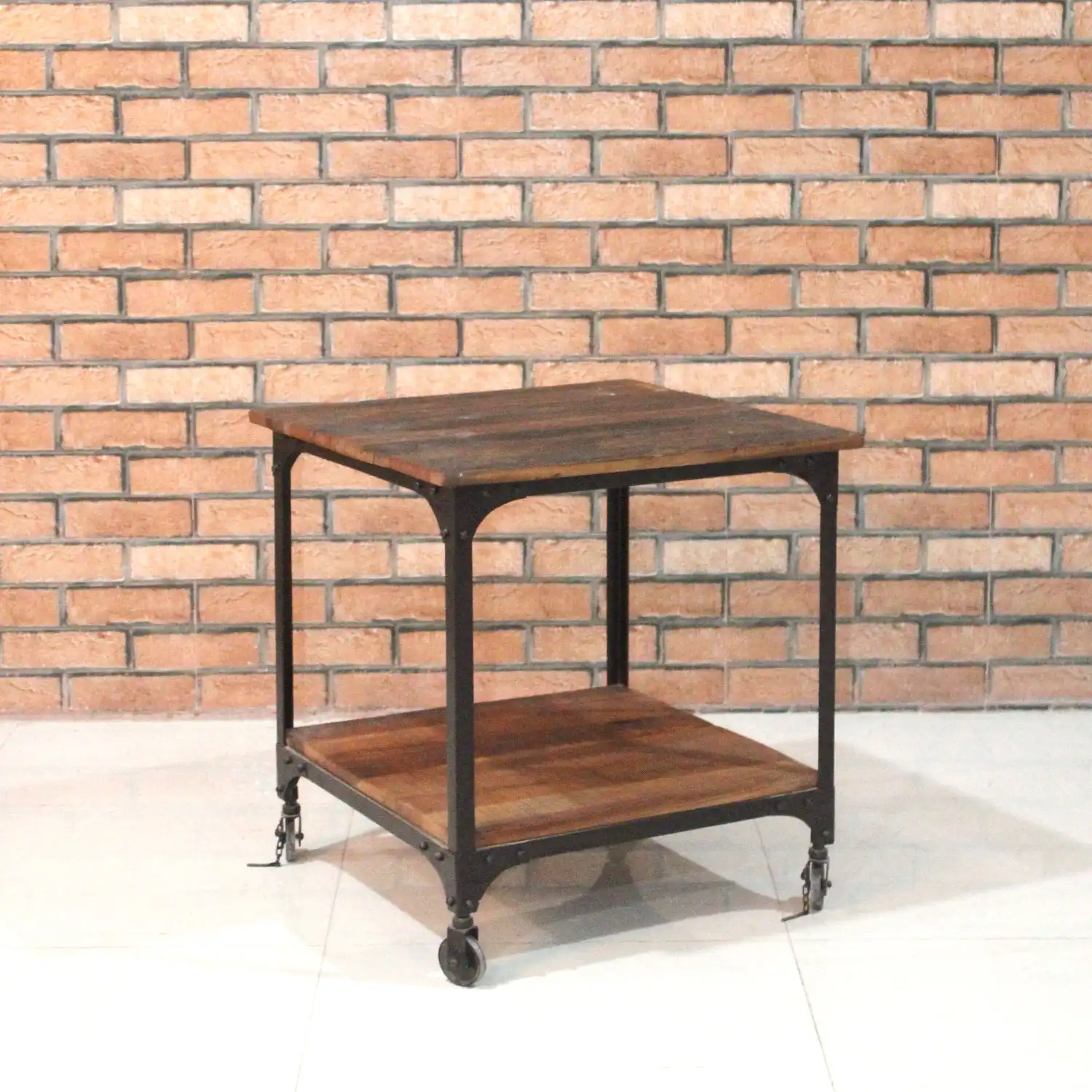 2 Tier Industrial Wooden & Iron Coffee Table with Wheels - popular handicrafts